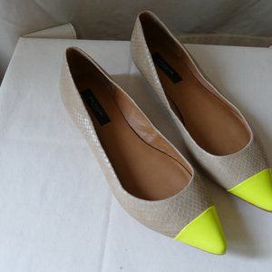 Ann Taylor Beige Neon Yellow Cap Toe Pointed Flats